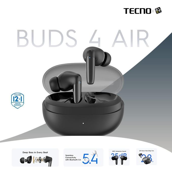 TECNO Bud 4 Air - AI Environmental Noise Cancellation Enhanced True Wireless Stereo Earbuds - Bluetooth 5.4 - Black