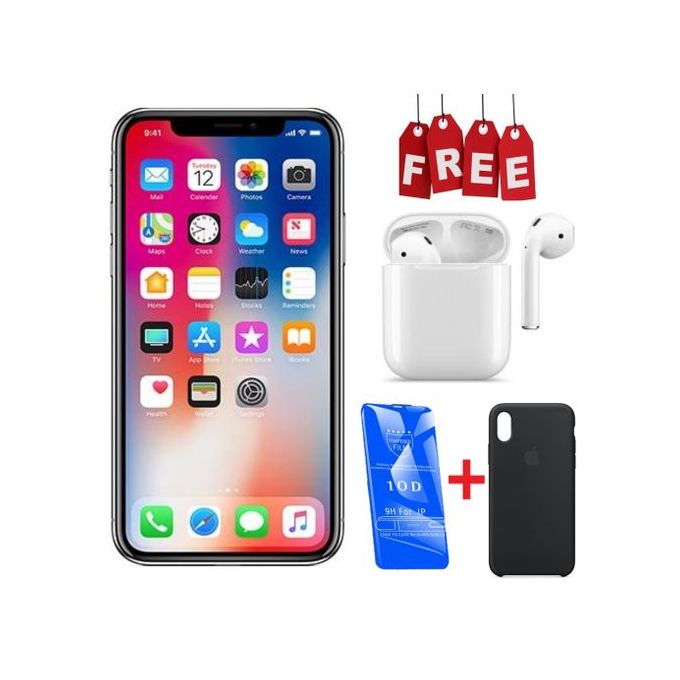 Apple iPhone X - 5.8" - 256GB HDD - 3GB RAM - 12MP Rear/5MP Front - 2716mAh - Silver + Free Air-P-od + Cover + Protector