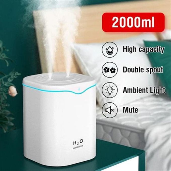 WakeView 2L USB Cool Mist Humidifier Dual Spray Nozzles for Home Bedroom Office White