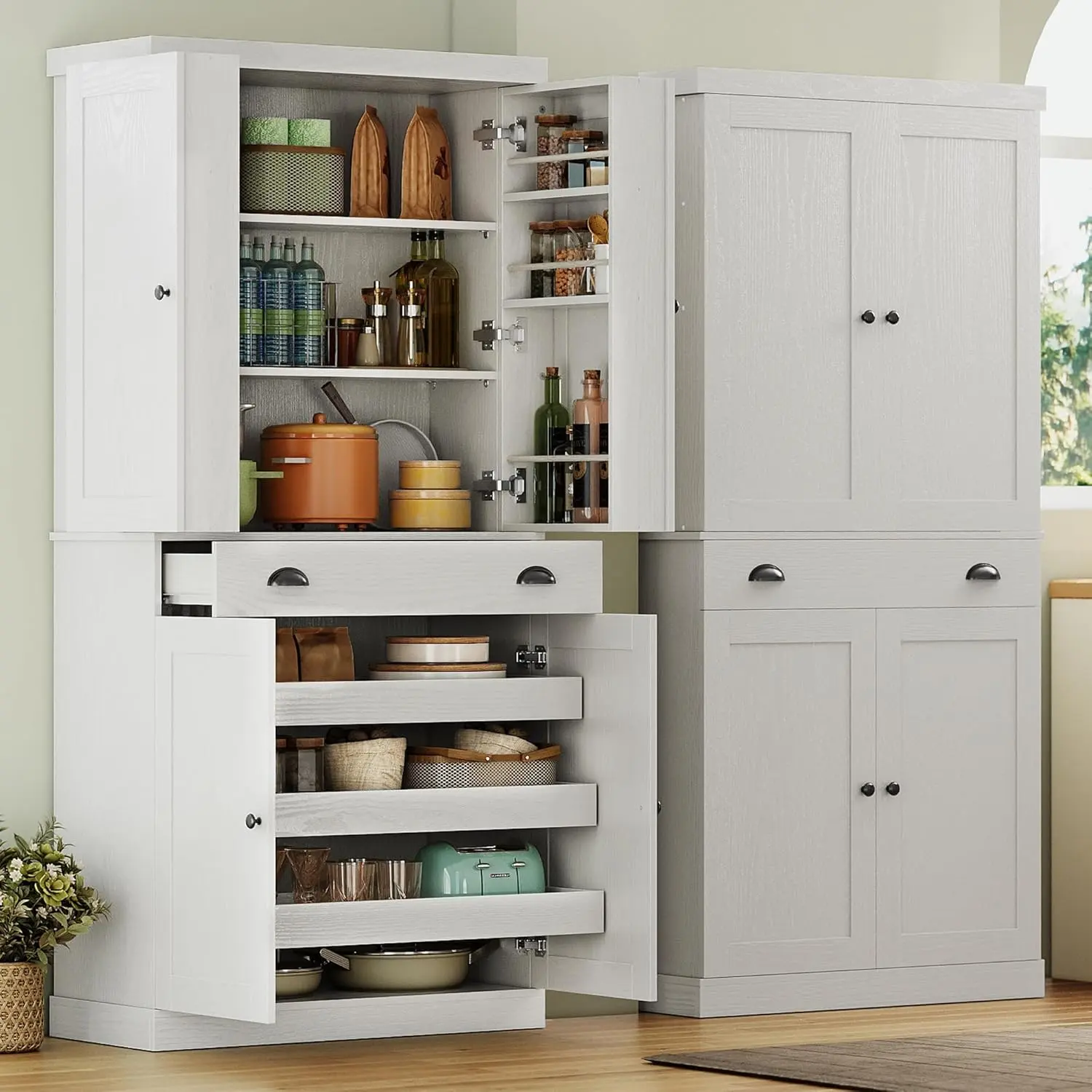 IRONCK 72-inch Freestanding Kitchen Locker, modern space-saving interior furniture with drawers, sliding shelves, 6 hanging shelves, and hardware included.