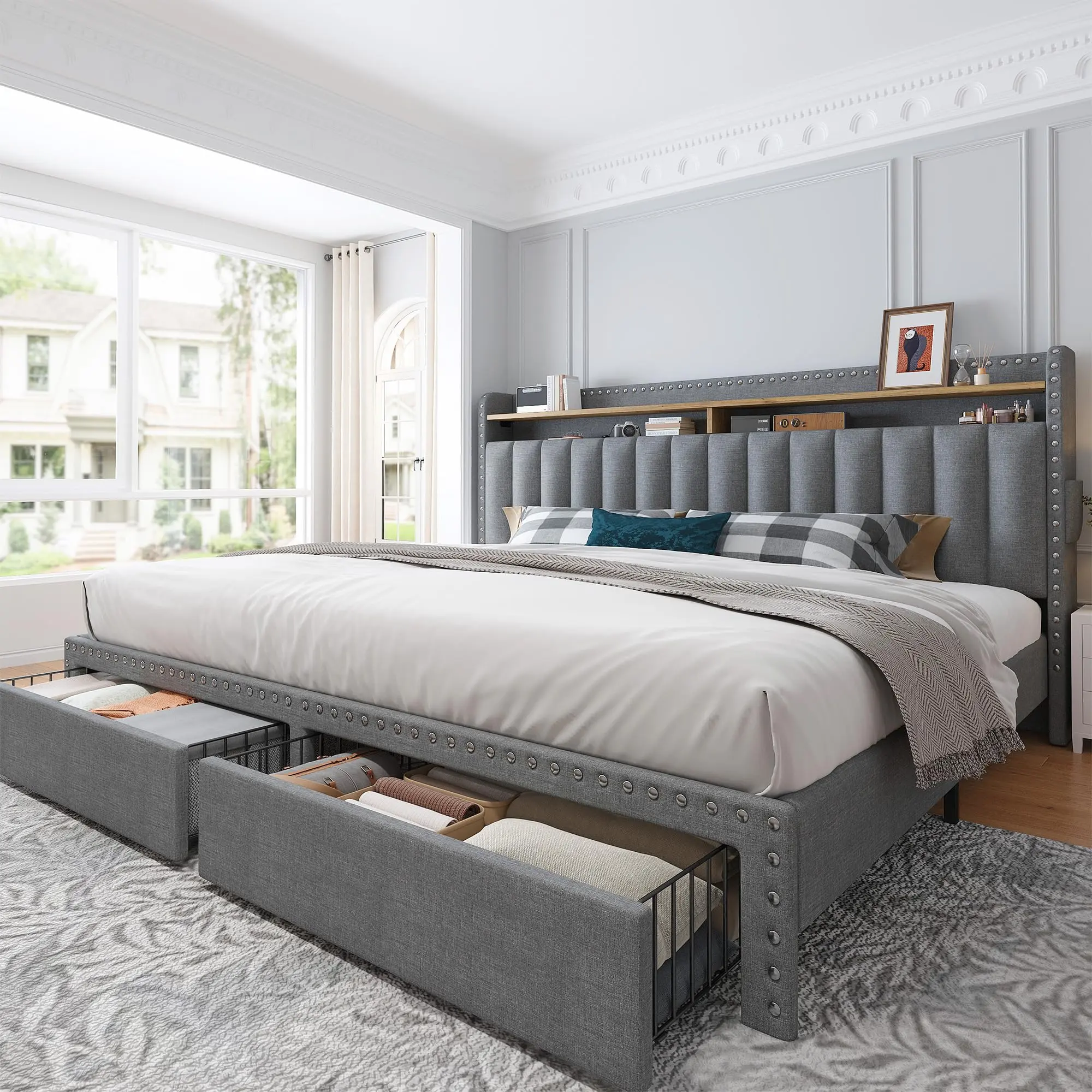 Bed frame with two storage drawers, mattress not included. The bed frame includes a headboard and shelves. Upholstered, quiet, no spring mattress required.