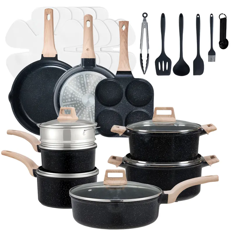 Sweetcrispy 25-Piece Sturdy Non-Stick Ceramic Granite Cookware Set, Lightweight Aluminium Kitchen Supplies with Glass Lids, Stay-Cool Handles, Induction Compatible Pots and Pans for Healthy Cooking