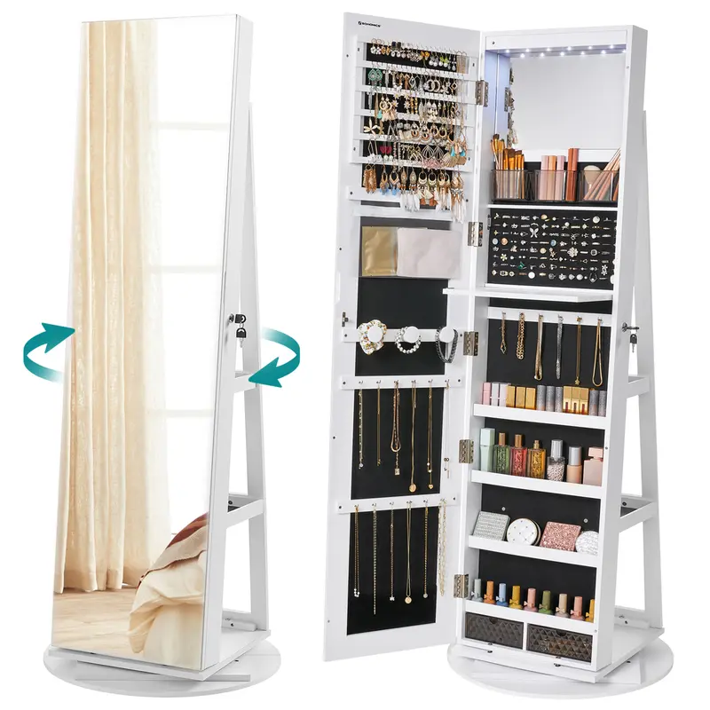 SONGMICS LED Lockable Jewelry Mirror Cabinet, Standing Jewelry Wardrobe, Frameless Full-Length Mirror, 3 Storage Shelves.