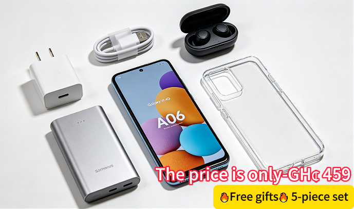 🔥Ghana Welfare：Samsung Galaxy A06 4G LTE – 5-piece set including phone, phone case, Bluetooth headset, power bank, and charging cable.