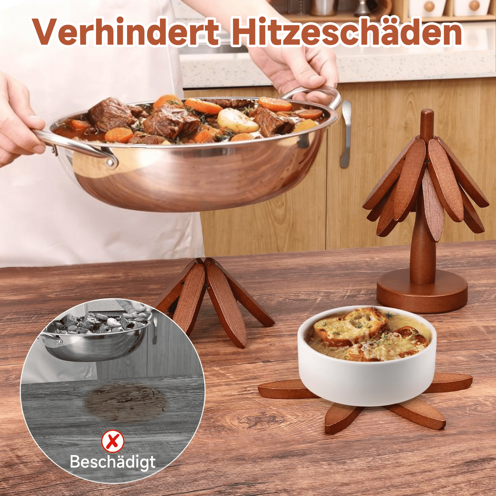 🎄🥘Hochwertiges, hitzebeständiges Untersetzer-Set aus Naturholz für heiße Gerichte 