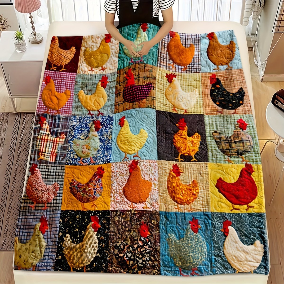 🐓Vintage Plaid-Decke mit Hahn-Motiv 