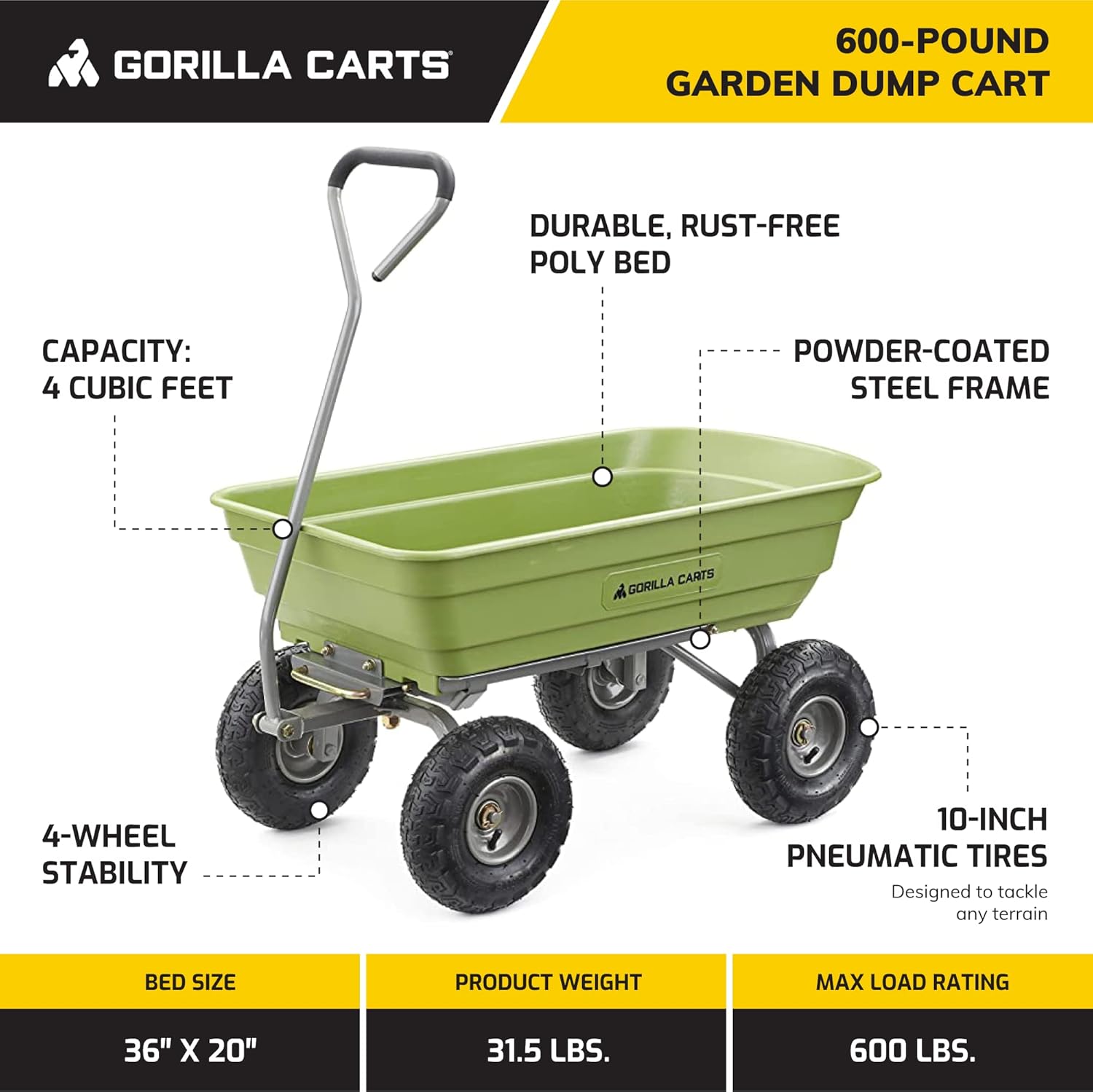 【Buy 1, Get 1 FREE】Gorilla 4-Wheel Utility Farm Cart for Produce Transport – 1500LB, 16" Tires