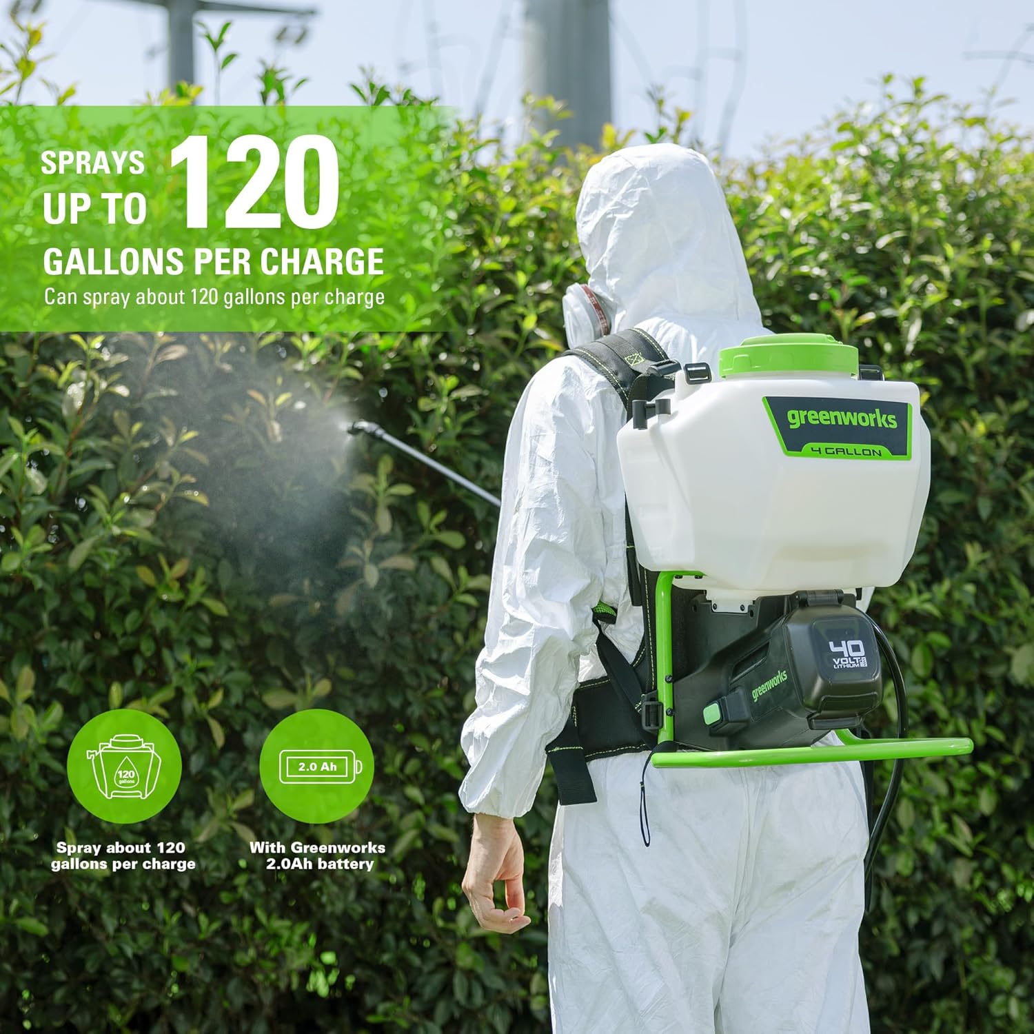 Greenworks 40V Cordless Backpack Sprayer (4 Gallon / 5 Tips / 25 FT Spray) For Weeding, Spraying, and Cleaning, 2.0Ah Battery and Charger Included