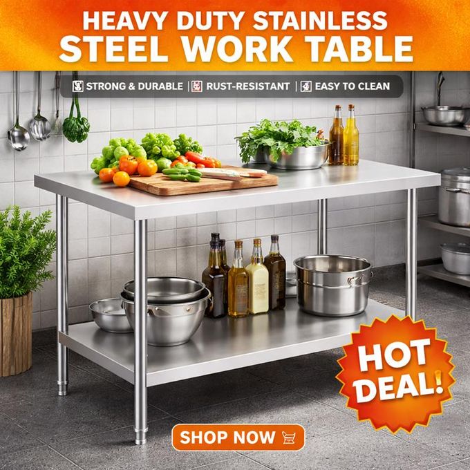 Wannilen Heavy Duty Stainless Steel Kitchen Worktable (150cm x 80cm x 85cm) - Commercial Grade for Ghana Chop Bars, Restaurants, Bars, Hotels, Home Kitchens & Gardens Fast Delivery