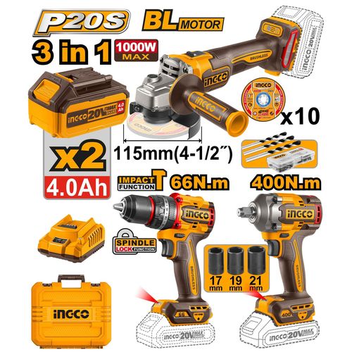 Ingco COSLI241291 Cordless 3 Pieces Combo Kit - Brown & Yellow