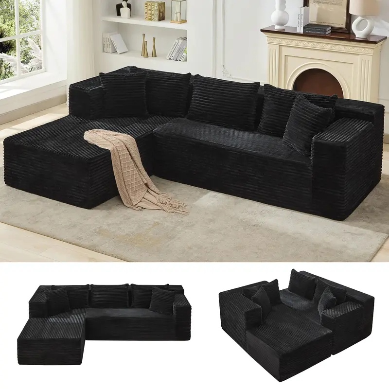 Modular Sectional Sofa, 106 in Comfy Fluffy L Shaped Black Couches for Living Room, Oversized Sofa Sleeper with Deep Seat, No Assembly Required
