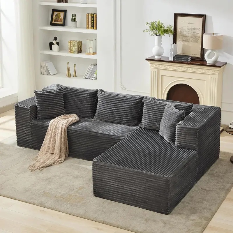 Modular Sectional Sofa, 106 in Comfy Fluffy L Shaped Black Couches for Living Room, Oversized Sofa Sleeper with Deep Seat, No Assembly Required