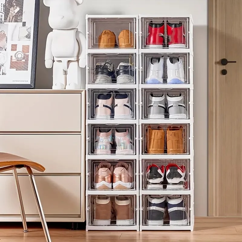 Space-Saving Foldable Shoe Organizer with 6 Tiers - a Dustproof, No-Installation-Required Transparent Plastic Shoe Box That Can Be Easily Pulled Out.
