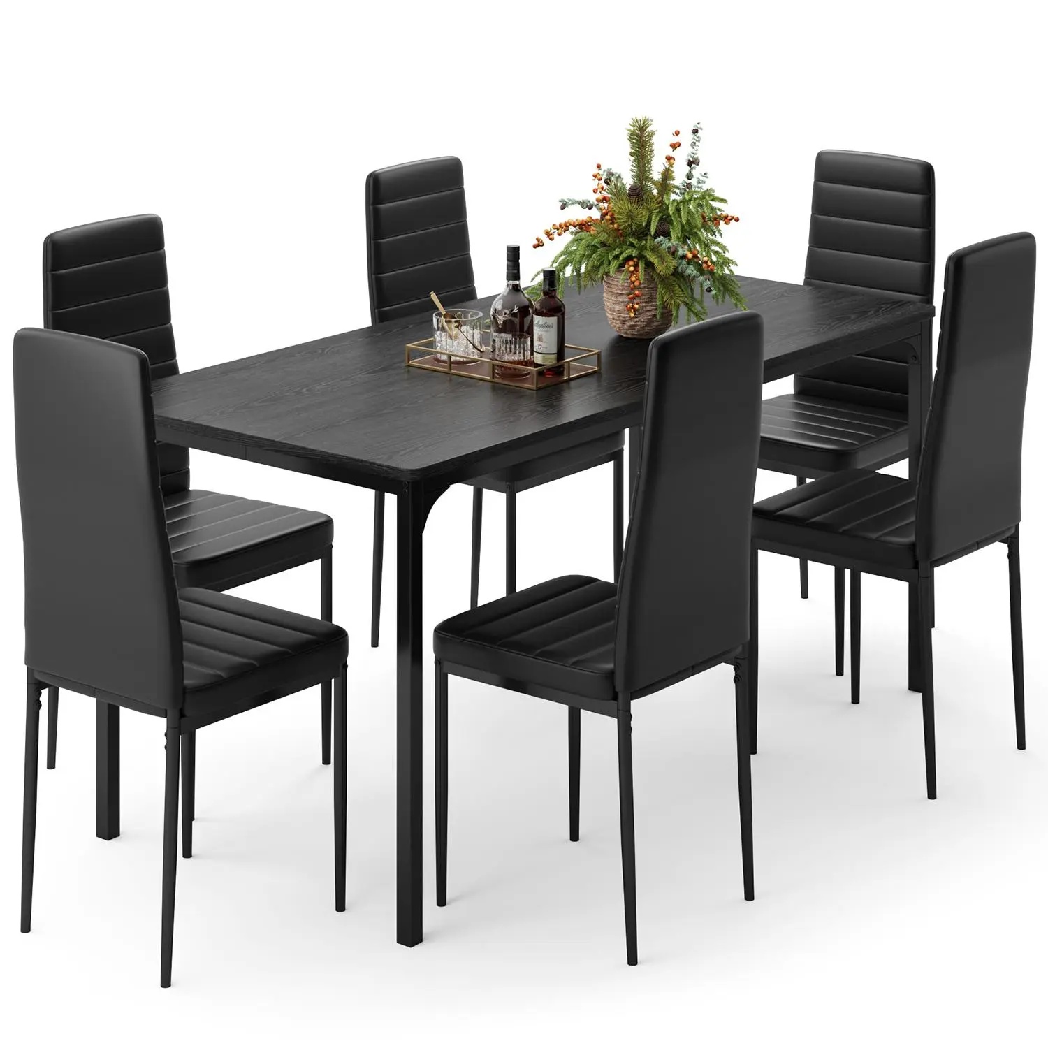 Dining Table Set for 6 Kitchen Table Chairs Set of 6, 7 Piece Kitchen Table Set with 6 Upholstered PU Leather Chairs for Dining Room Living Room Apartment Small Space