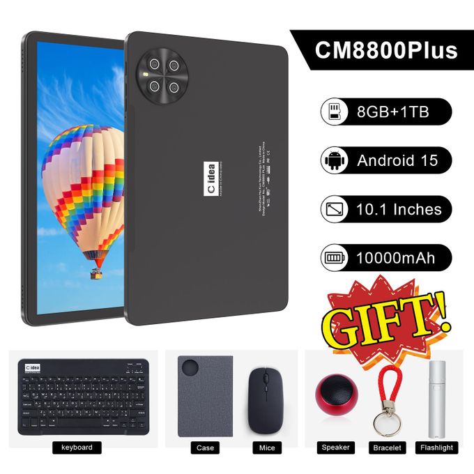 C Idea Android 15 Tablets,10.1 Inches Sim 8GB+1TB Keyboard Mouse Long Standby Tablet PC Black