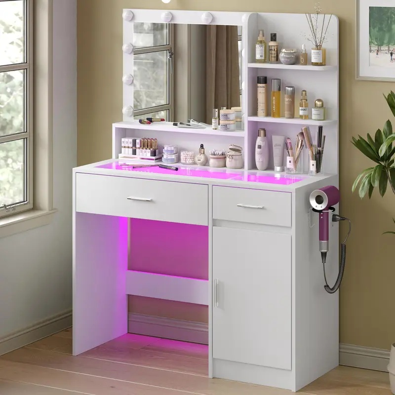 39" LED Vanity Desk with Mirror & Lights – Tempered Glass Top, 2 RGB Drawers & Built-in Power Outlet Vanitydesk