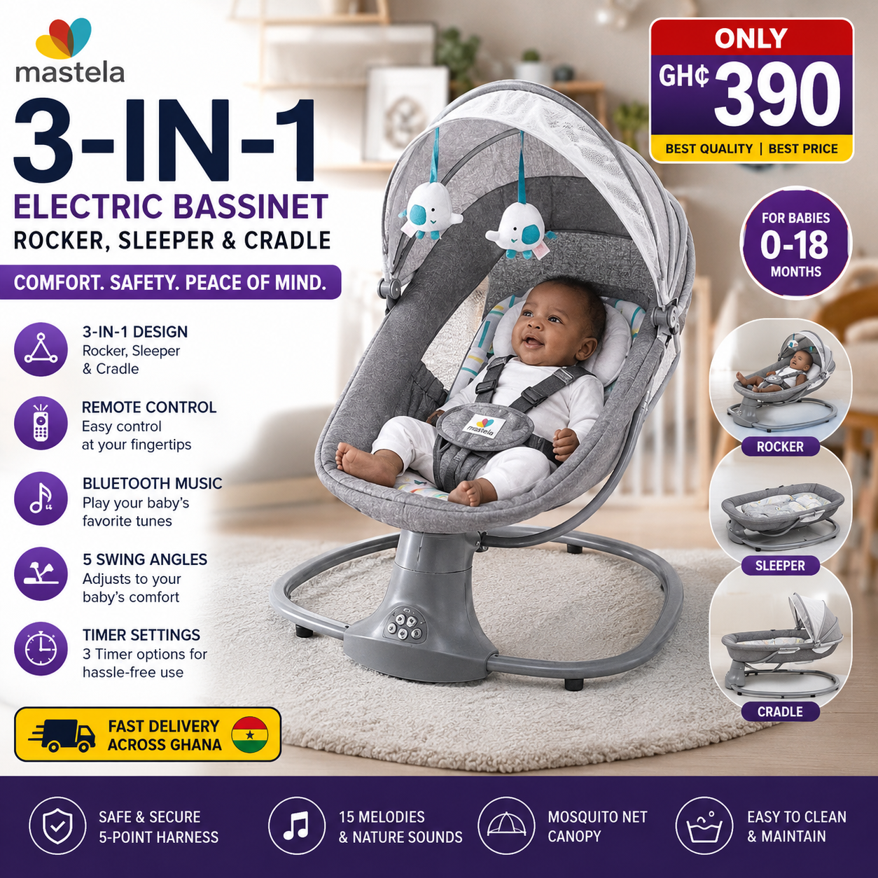 Mastela 3-in-1 Electric Bassinet Rocker, Sleeper & Cradle with Remote & Bluetooth – Grey