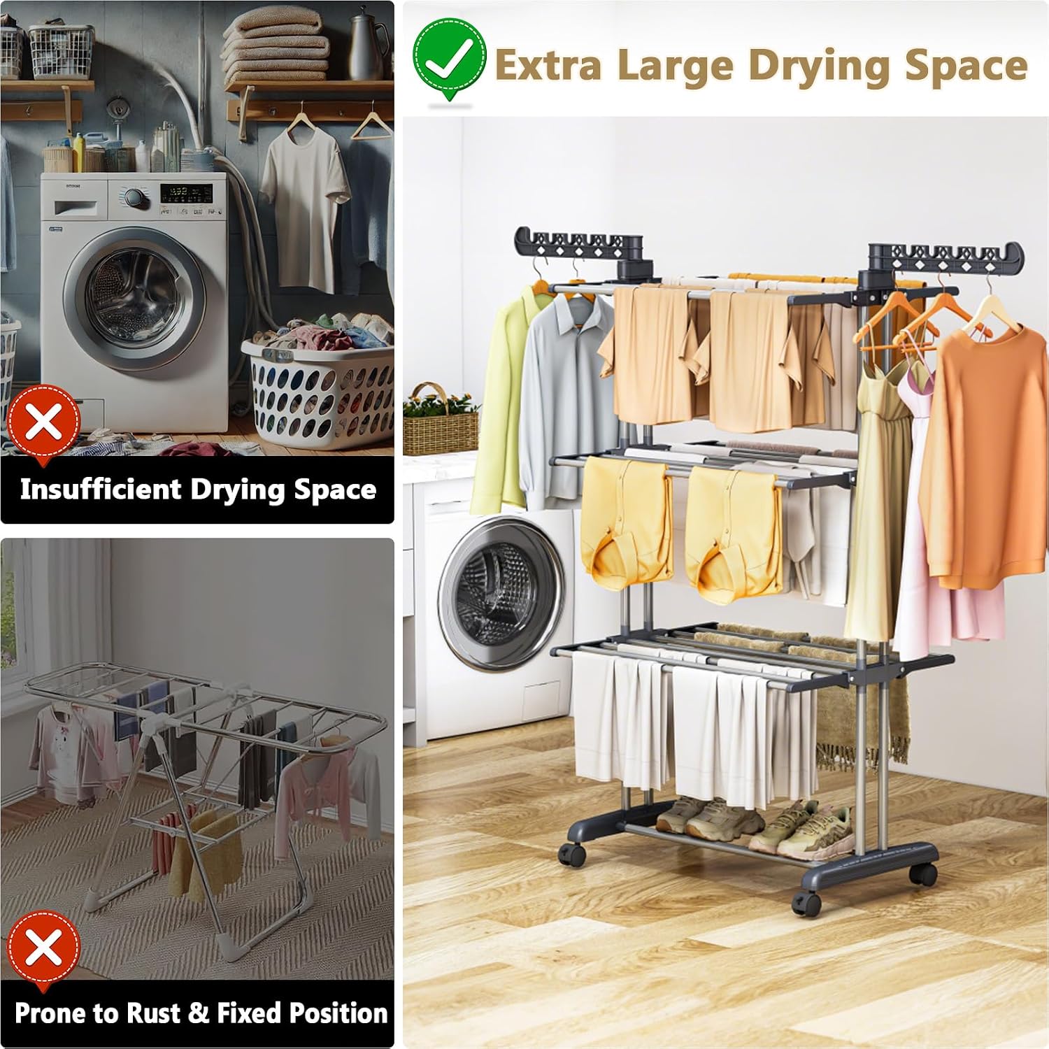 💥Special offer - GH₵ 199💥Upgraded 4-Tier Clothes Drying Rack, Drying Rack Clothing with Wheels