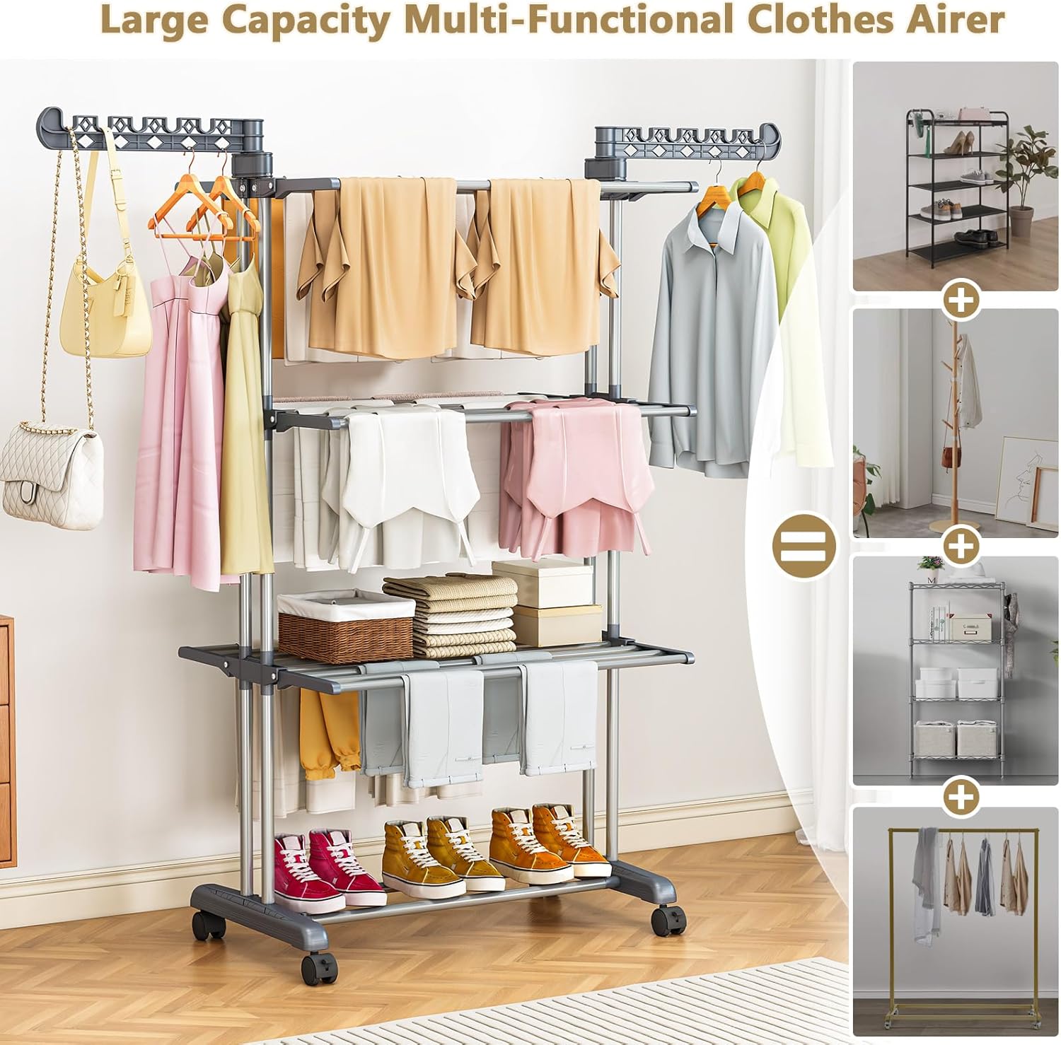 💥Special offer - GH₵ 199💥Upgraded 4-Tier Clothes Drying Rack, Drying Rack Clothing with Wheels