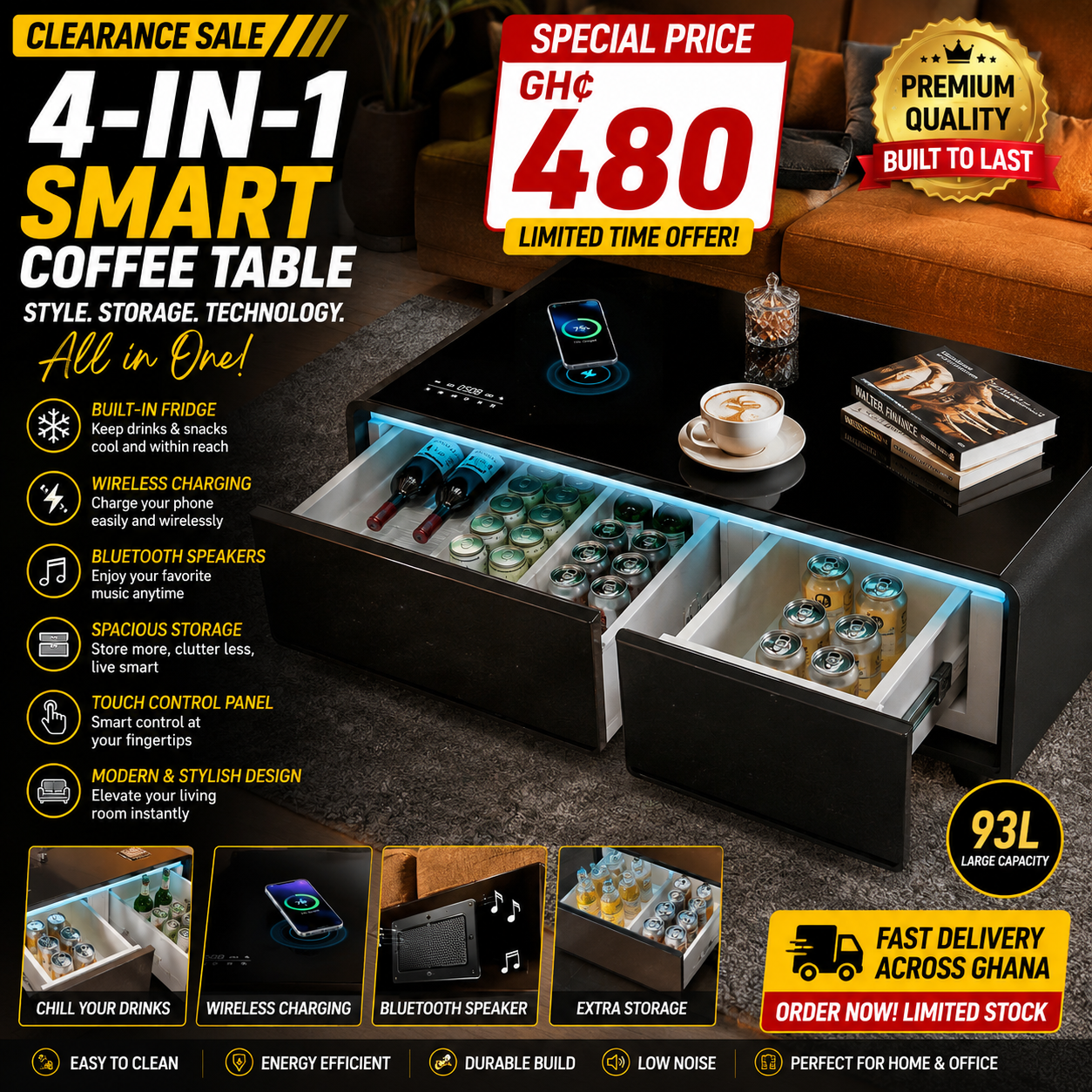 🔥 Clearance Sale – 4-in-1 Smart Coffee Table with Built-In Fridge, Wireless Charging & Bluetooth Speakers