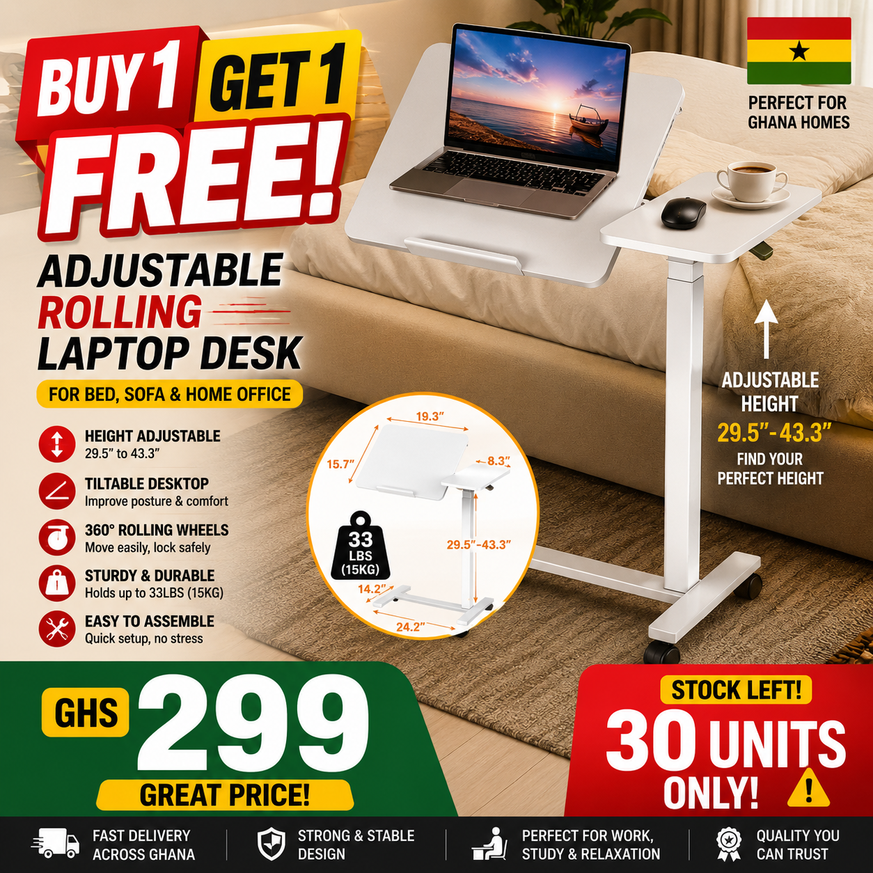 🔥 Buy 1 Get 1 Free | Adjustable Rolling Laptop Desk for Bed, Sofa & Home Office