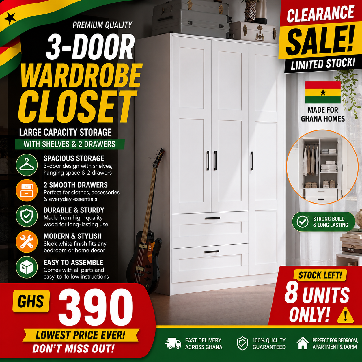 🔥 3-Door Wooden Wardrobe Closet – Large Capacity Storage with Shelves & 2 Drawers