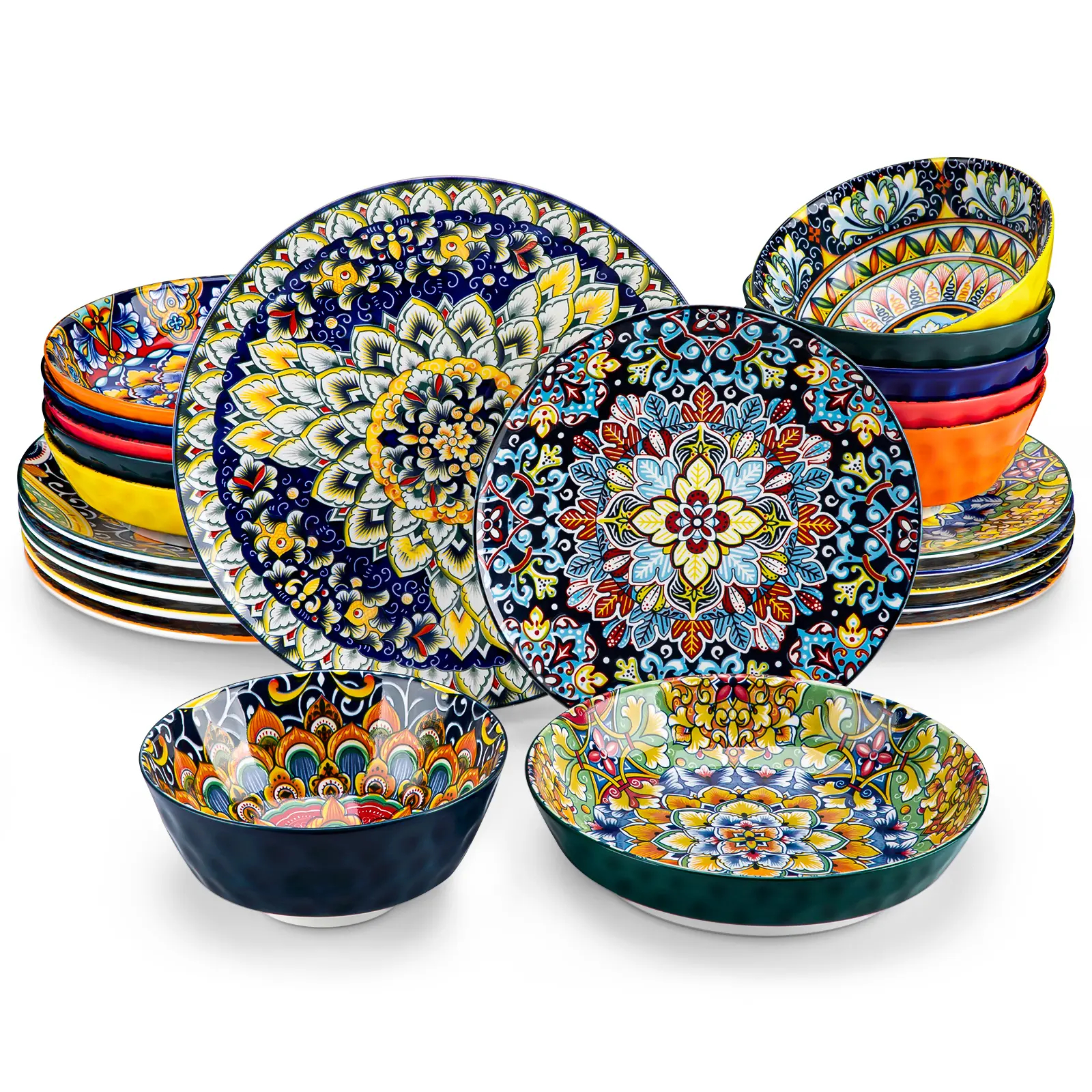 24-piece porcelain cutlery set, including plates and bowls, microwave and dishwasher safe, scratch-resistant, bohemian style.