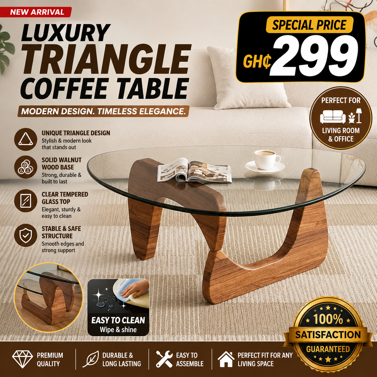 🔥 Luxury Triangle Coffee Table – Walnut Wood Base & Clear Glass Top