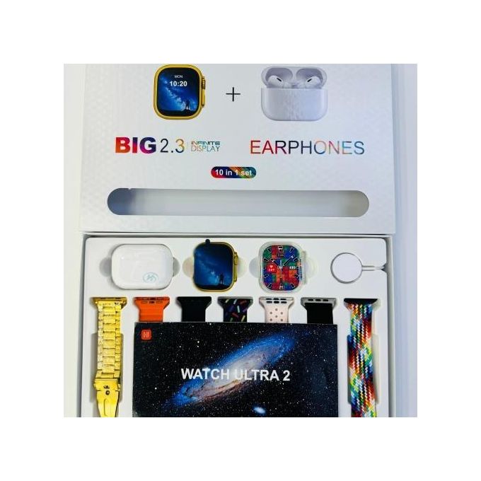 2.3"Smart Watch Bluetooth Headsets 10 in 1 Waterproof 7Straps + Protective Case - Gold