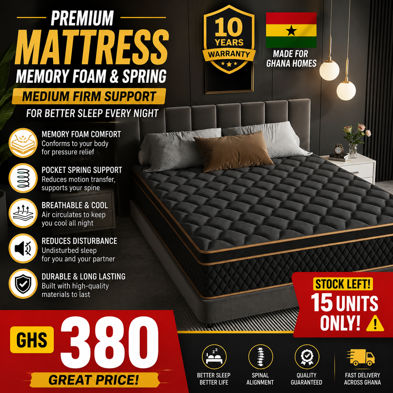 🔥 Premium Memory Foam & Spring Mattress – Medium Firm Support for Better Sleep