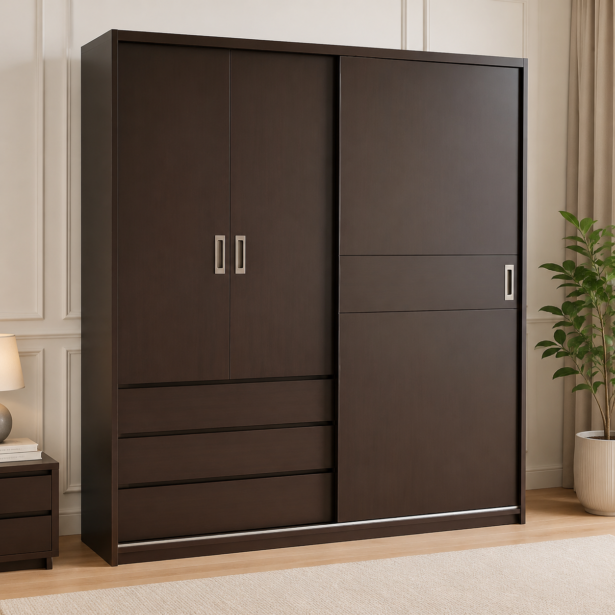 Modern 3-Door Sliding Wardrobe with Drawer Storage – Large Capacity Wooden Closet for Bedroom
