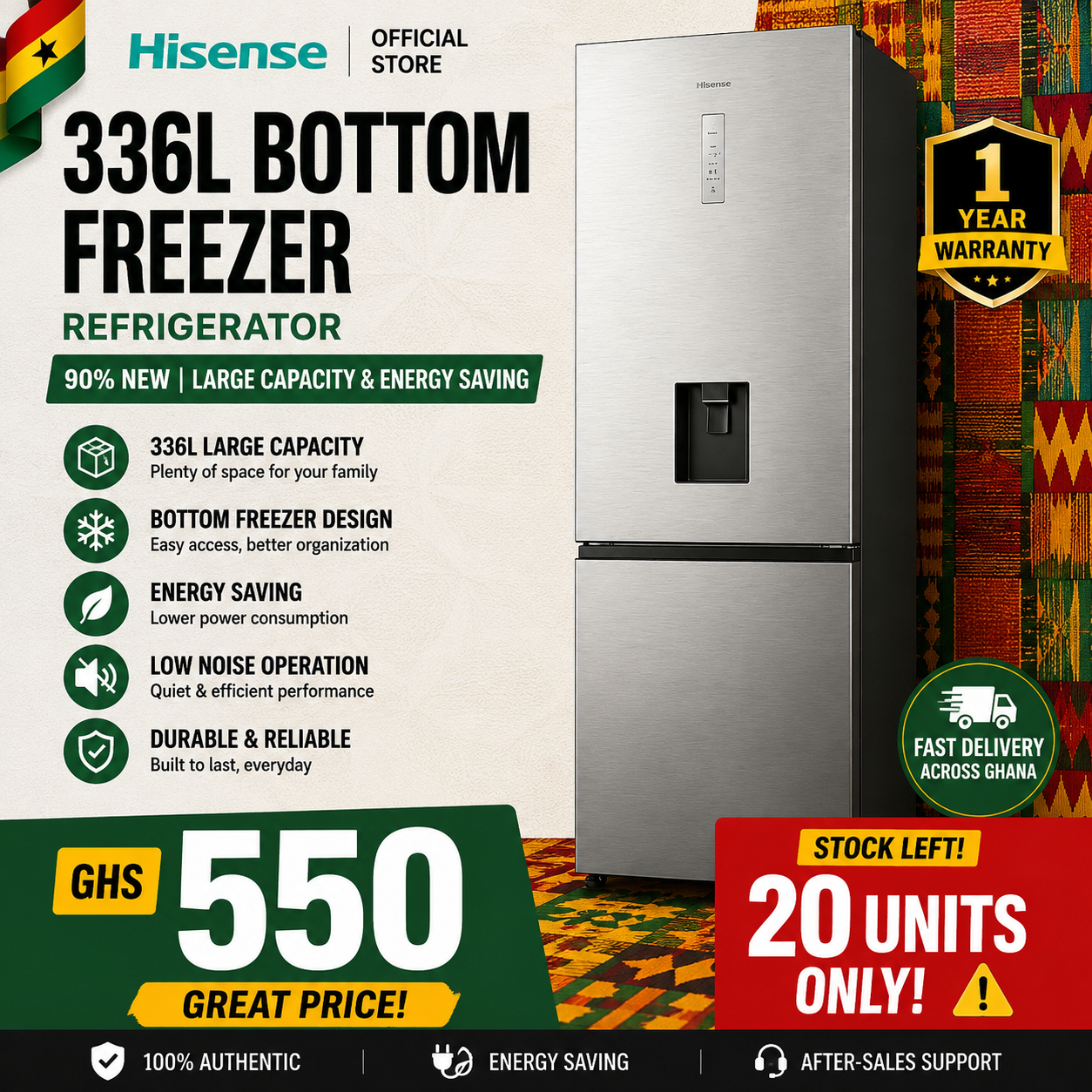 🔥 Hisense 336L Bottom Freezer Refrigerator (90% New) – Large Capacity & Energy Saving