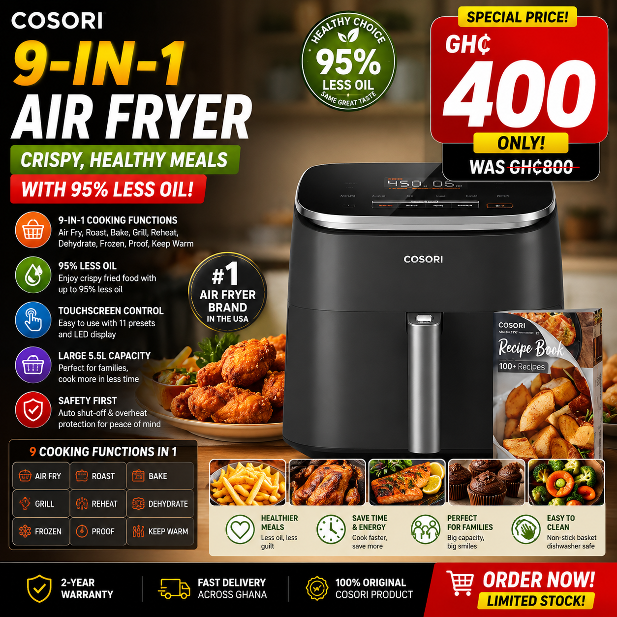 🔥 9-in-1 Air Fryer – Crispy, Healthy Meals with 95% Less Oil