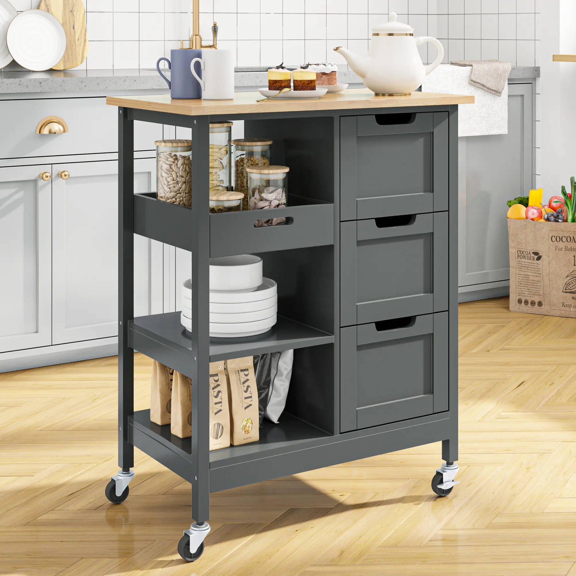 Small Solid Wood Top Kitchen Island Cart on Wheels with Storage, Rolling Portable Dining Room Serving Utility Carts Mobile Movable with 3 Drawers Cabinet