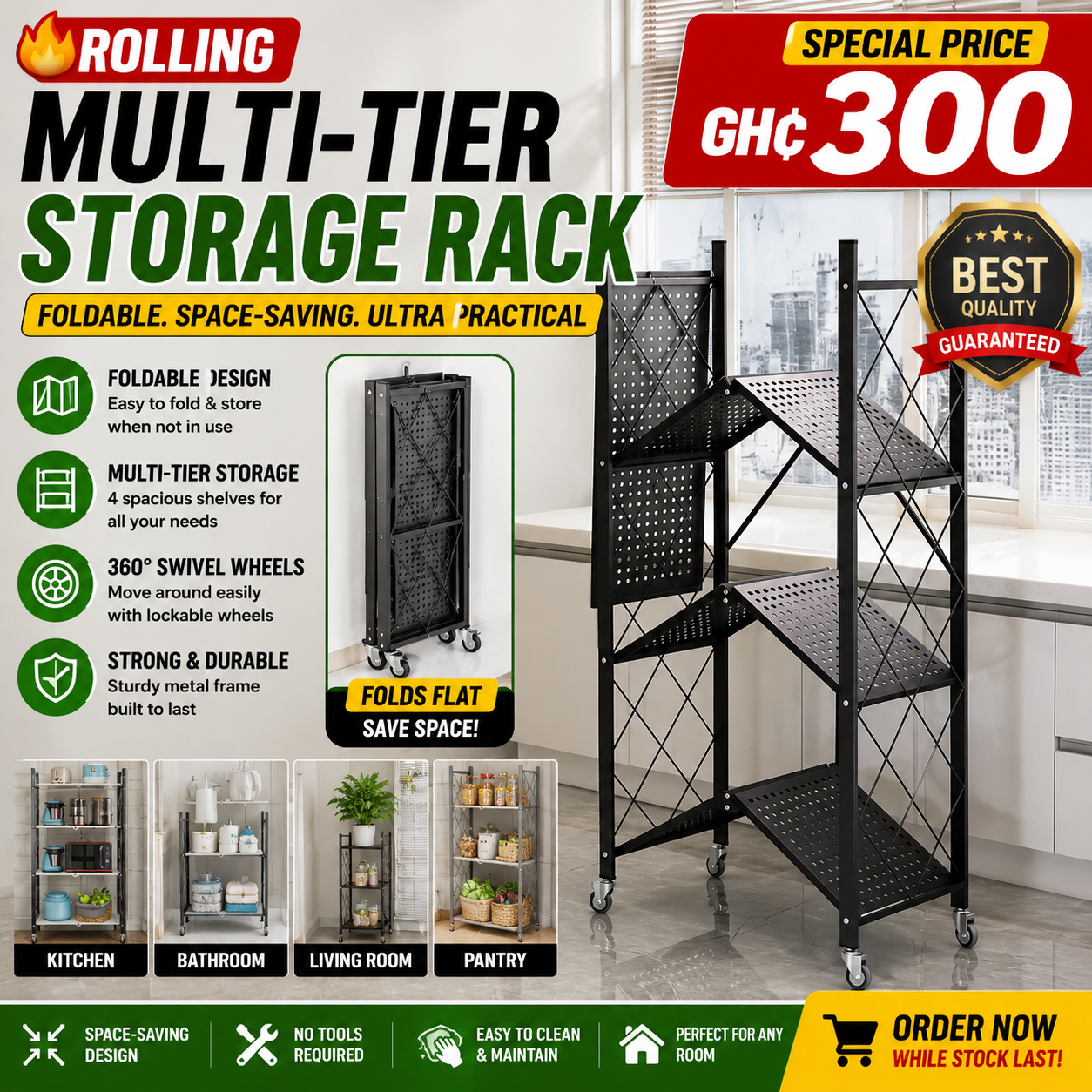 🔥 Rolling Multi-Tier Storage Rack with Wheels – Foldable Space-Saving Organizer