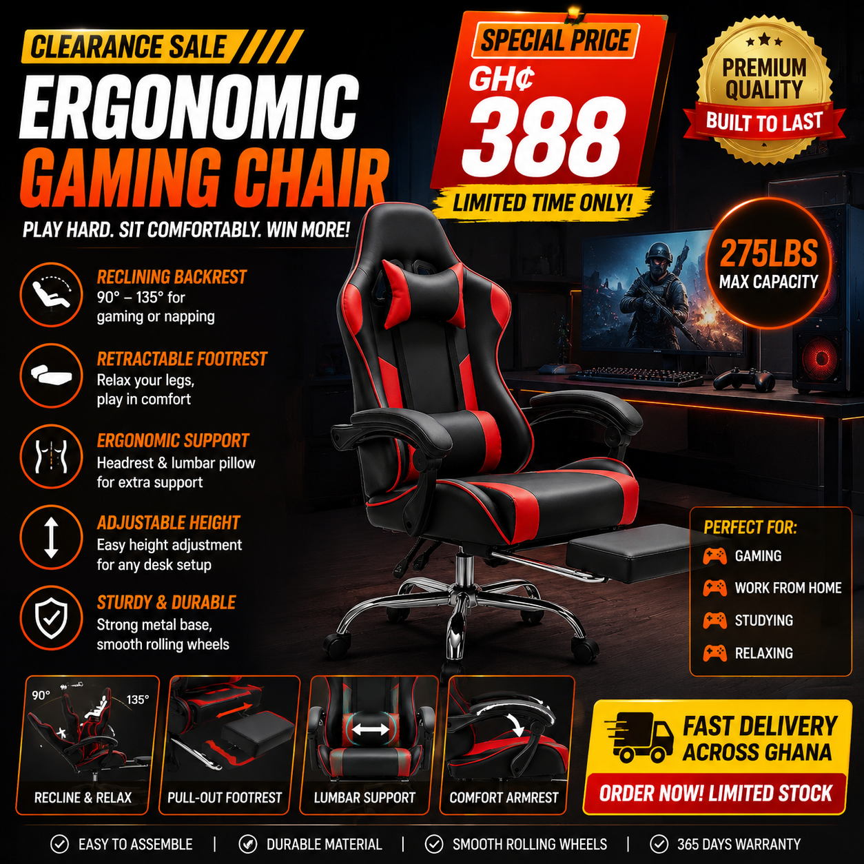 🔥 Clearance Sale – Ergonomic Gaming Chair with Footrest & Reclining Backrest