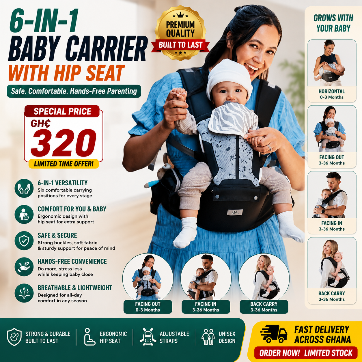 🔥 6-in-1 Baby Carrier with Hip Seat – Safe, Comfortable & Hands-Free Parenting