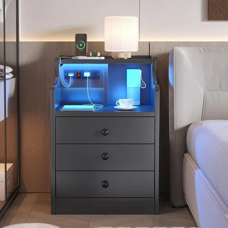Sikaic Nightstand with Charging Station and LED Lights, Night Stand with Hutch, Bedside Table with Drawers, Modern End Side Table for Bedroom, Home Furniture, Dorm Essentials
