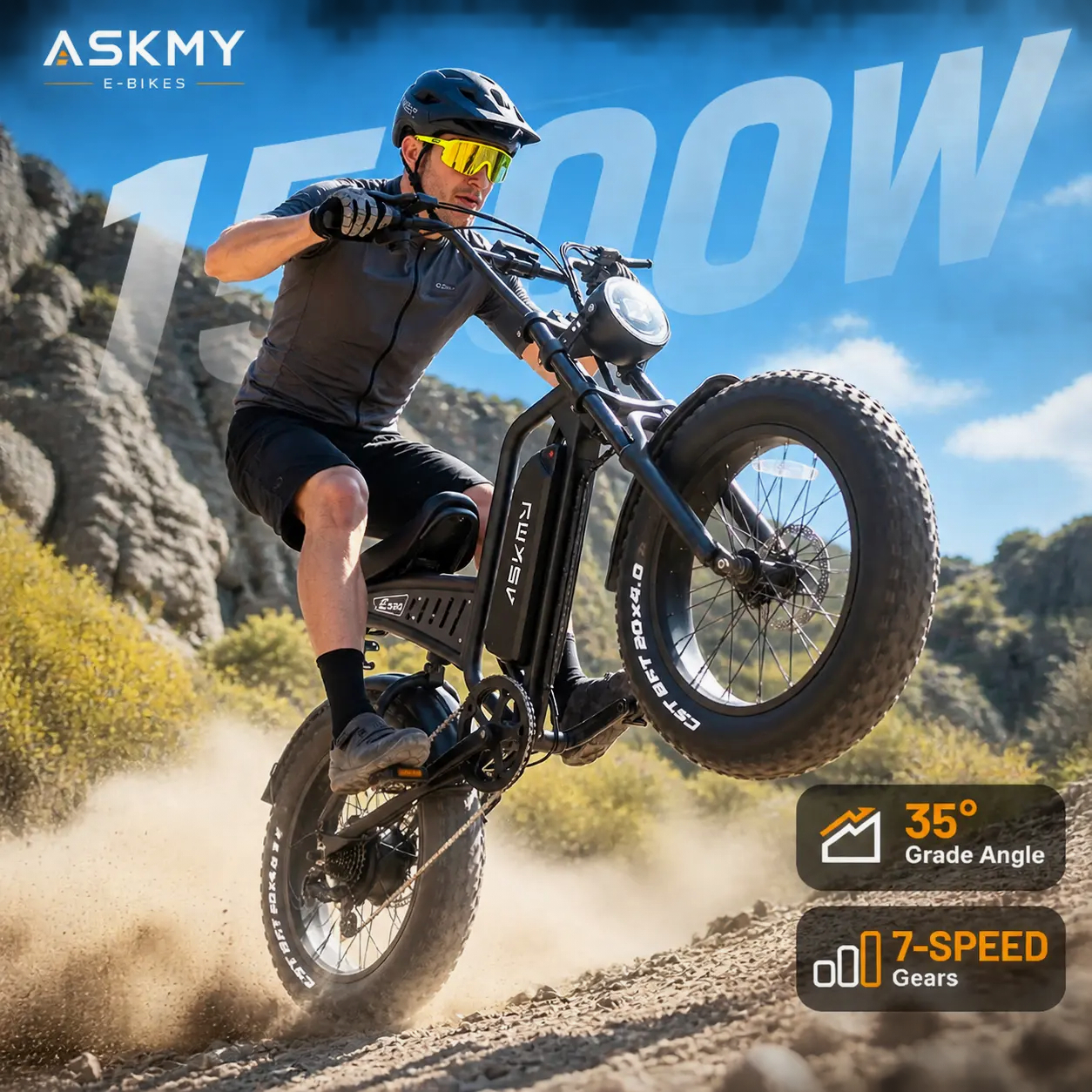Fat Tire Electric Bike | 1500W Peak Motor | High-Carbon Steel Frame | Full Suspension | Up to 30 MPH | 48V 15Ah Battery | 30–60 Miles Range | 20" × 4.0" All-Terrain Fat Tires | For City Commuting, Country Trails & Light Off-Road Riding