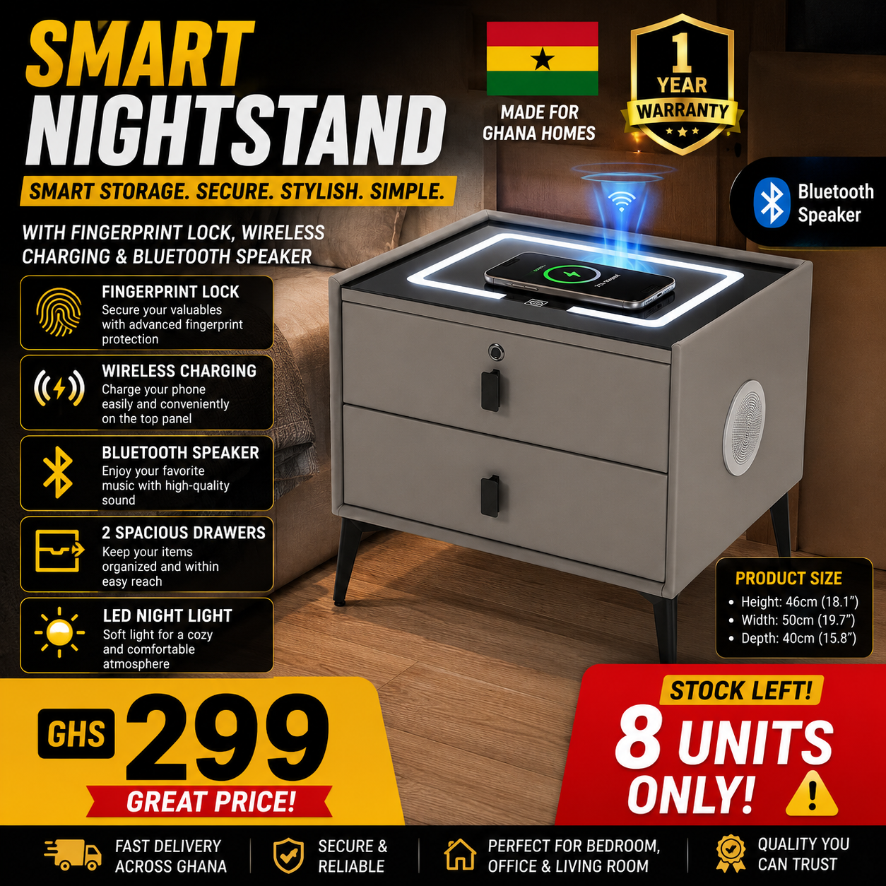 🔥 Smart Nightstand with Fingerprint Lock, Wireless Charging & Bluetooth Speaker