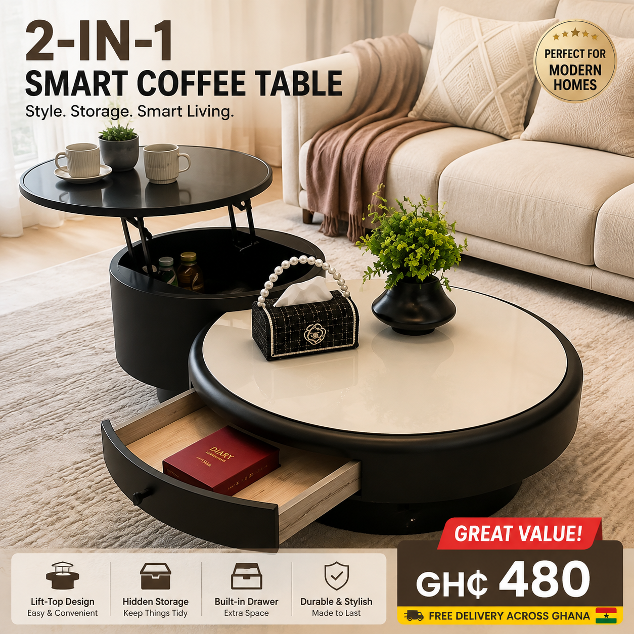 2-in-1 Smart Lift Top Coffee Table – Modern Round Coffee Table with Hidden Storage & Drawer for Living Room