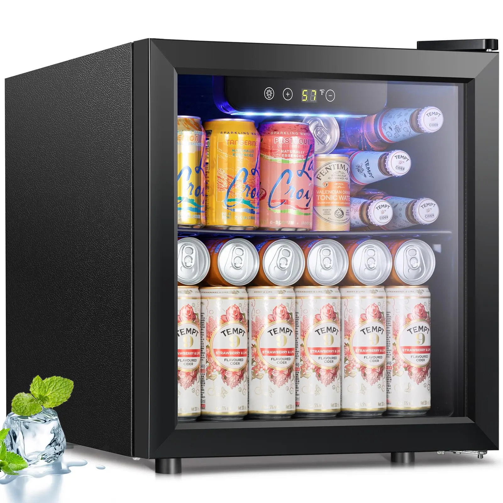 Mini Fridge Cooler - Beverage Refrigerator Black Glass Door for Beer Soda or Wine –Small Drink Dispenser Machine Clear Front Removable for Home, Office or Bar, 1.3cu.ft., Black