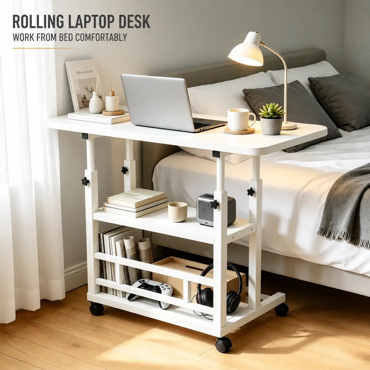 Laptop Desk Adjustable Desk Small Standing Desk Home Office Desks for Small Spaces Portable Desks Table for Bedrooms,Mobile Rolling Computer Work Desks on Wheels