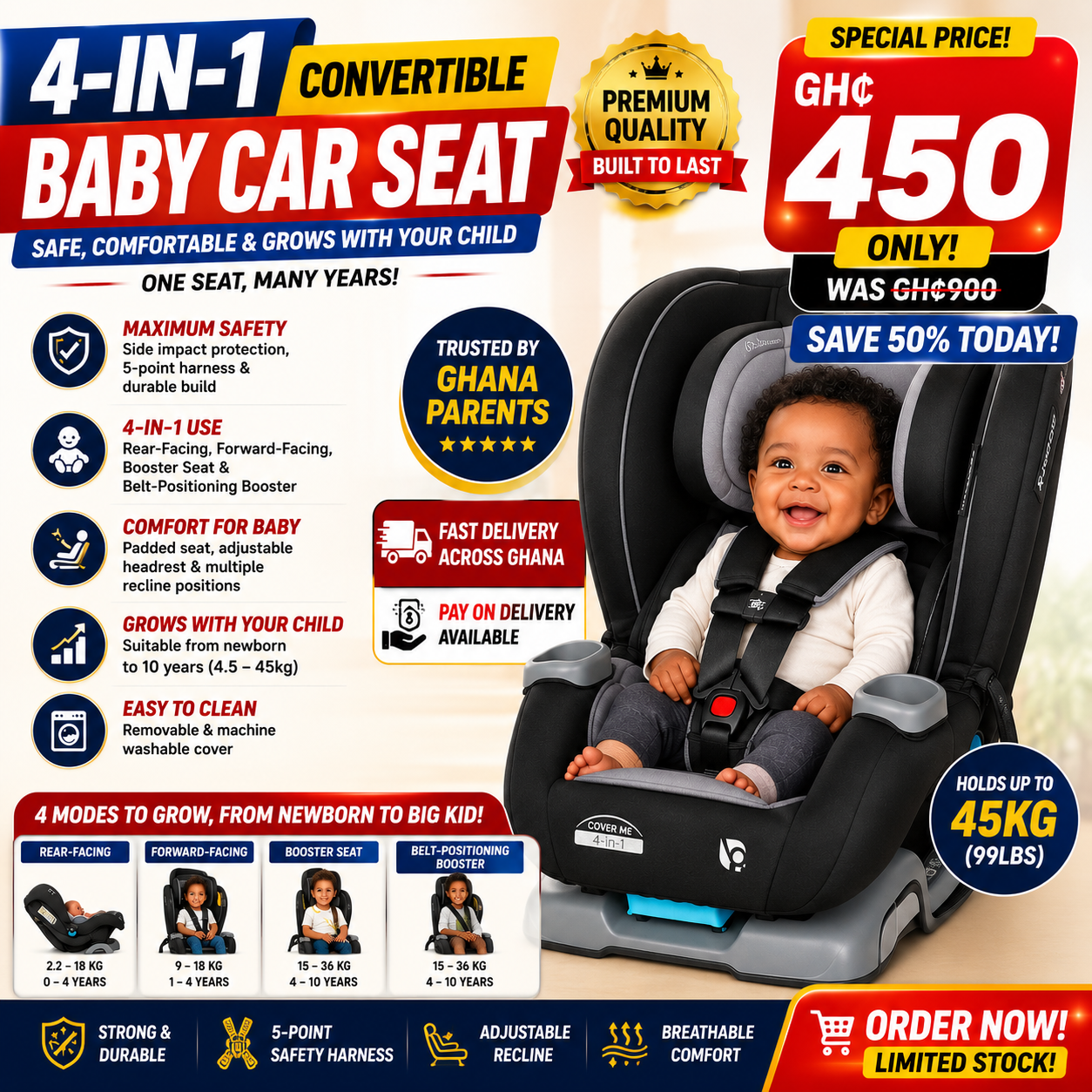🔥 4-in-1 Convertible Baby Car Seat – Safe, Comfortable & Grows with Your Child