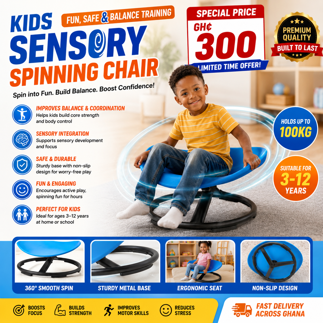 🔥 Kids Sensory Spinning Chair – Fun, Safe & Balance Training