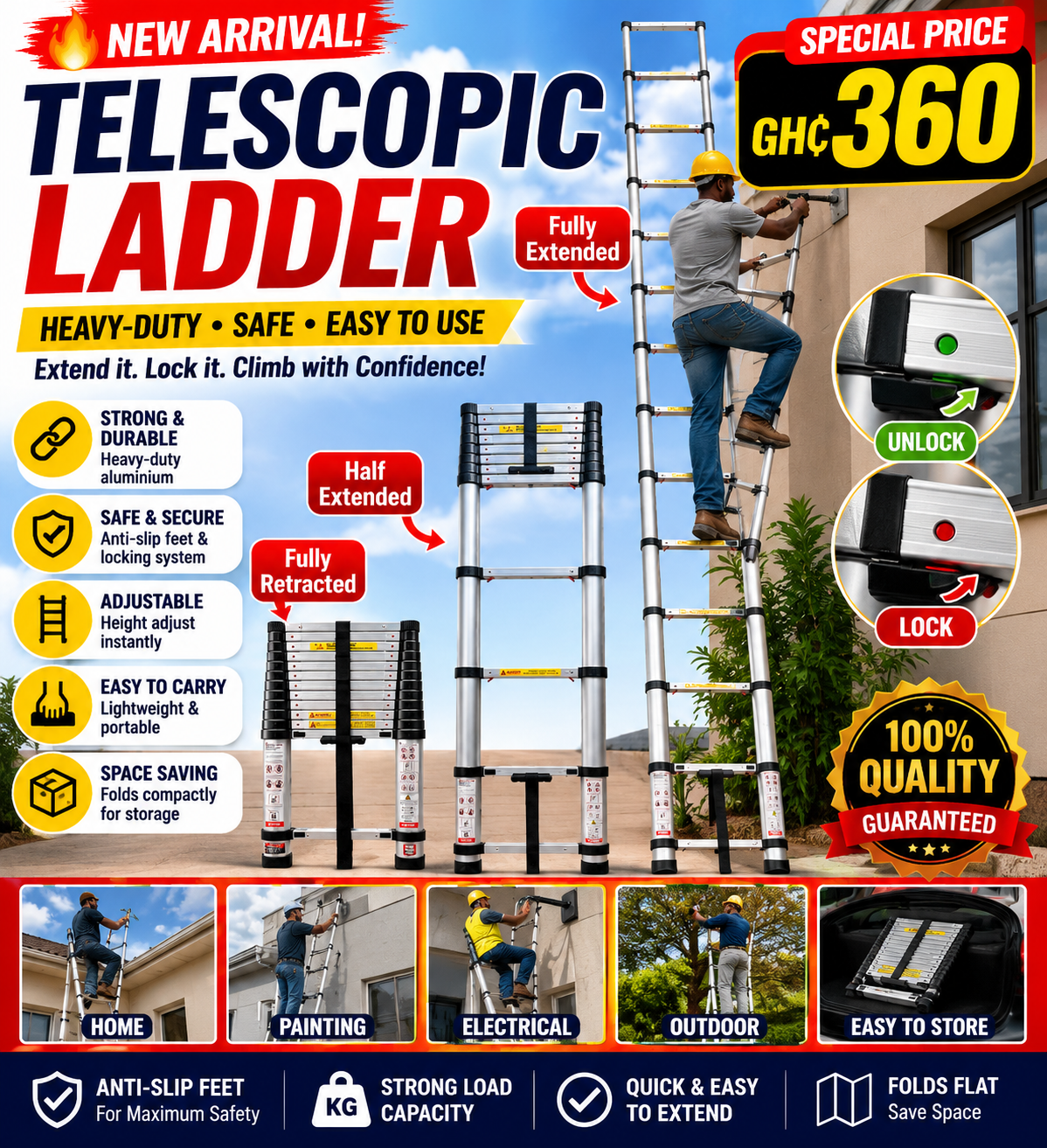 🔥 Telescopic Ladder – Heavy-Duty Foldable Extension Ladder with Non-Slip Feet