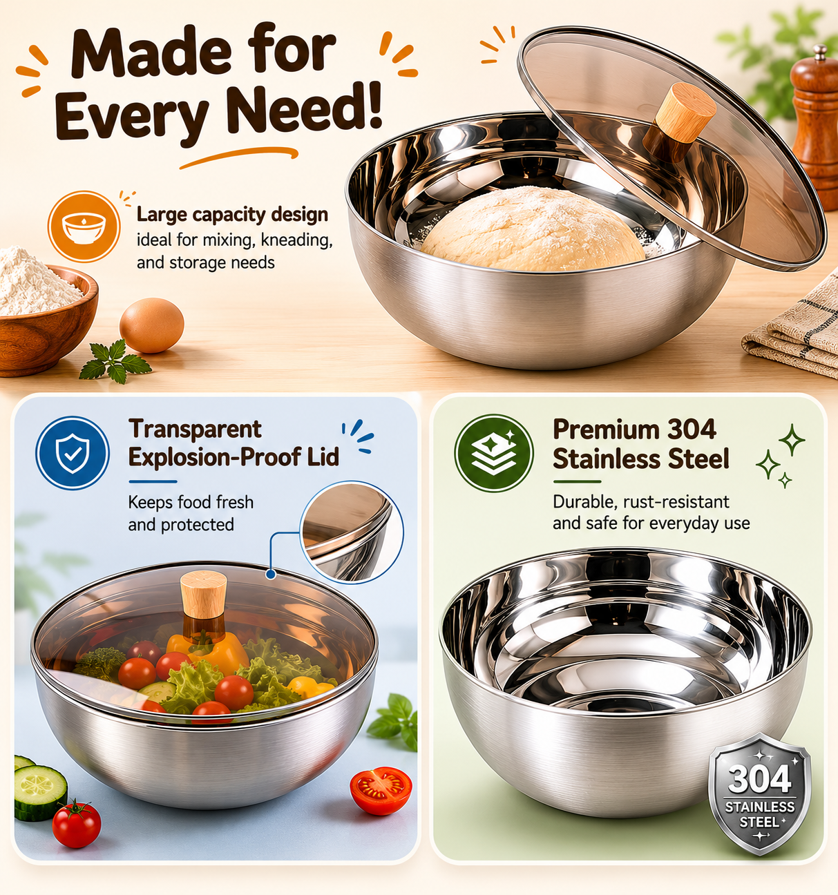 Large-Capacity Stainless Steel Mixing Bowl with Lid