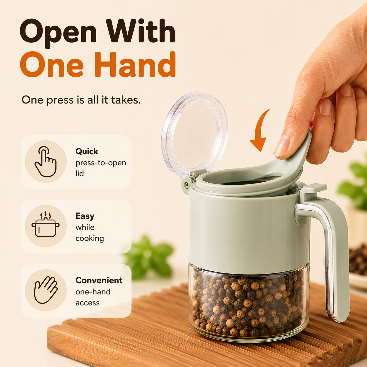 Multi-Purpose One-Hand Operated Spice Jar with Flip Cap
