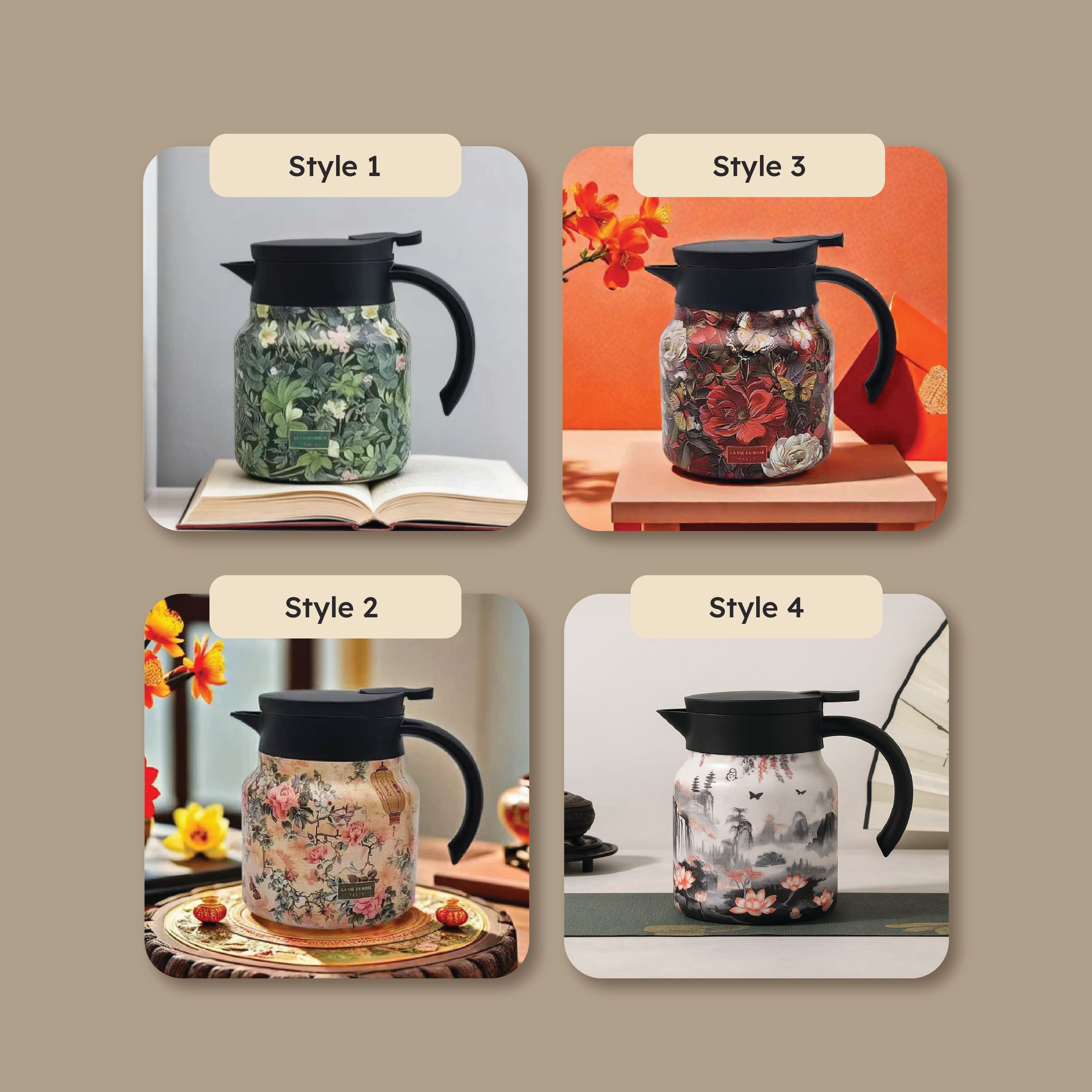 Vintage Floral Stainless Steel Elegant Insulated Teapot - 800ml