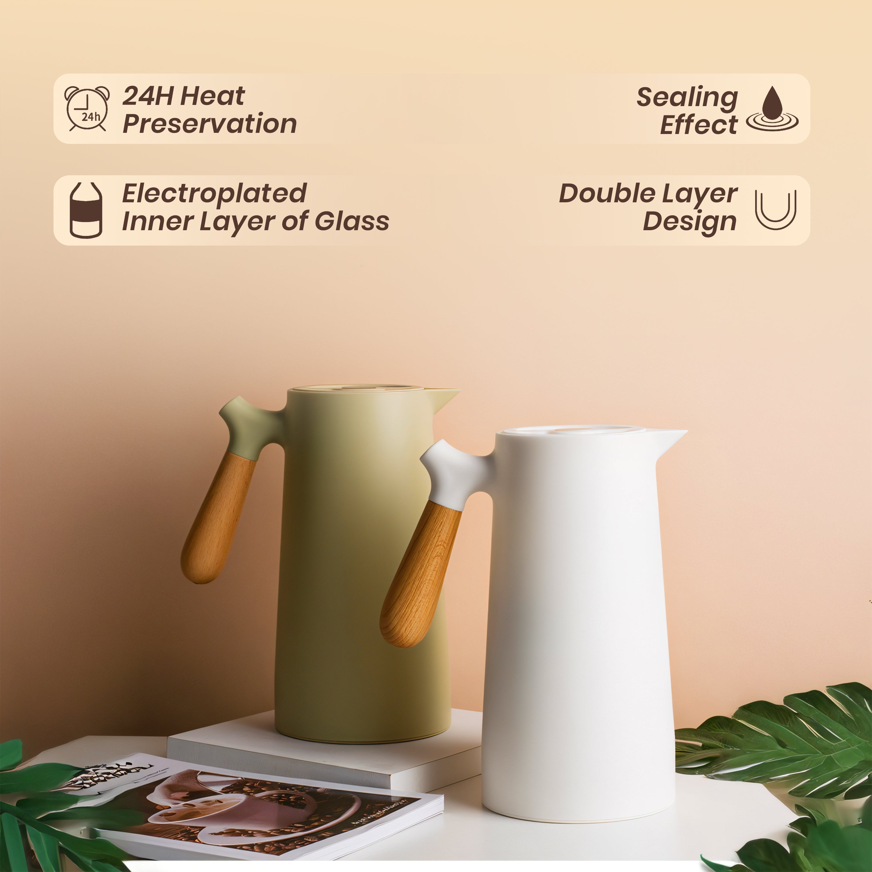 1 Litre Insulated Vacuum Flask with Wooden Handle (White)
